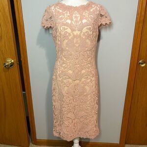 Tadashi Shoji Corded Embroidery on Tulle Cap Sleeve sheath dress size 10 pink